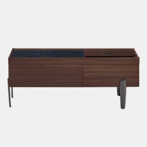 Mesa de centro moderna com gavetas e tampo de vidro - Design em madeira em tom castanho escuro com veios estilo mármore, pernas metálicas, grande capacidade de arrumação