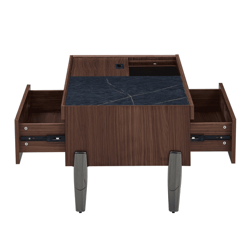 Mesa de centro moderna com gavetas e tampo de vidro - Design em madeira em tom castanho escuro com veios estilo mármore, pernas metálicas, grande capacidade de arrumação