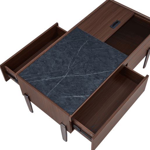 Mesa de centro moderna com gavetas e tampo de vidro - Design em madeira em tom castanho escuro com veios estilo mármore, pernas metálicas, grande capacidade de arrumação