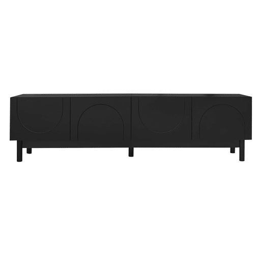 Móvel de TV Lowboard - Portas curvas, prateleiras, pés estabilizadores - Preto