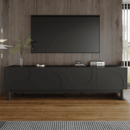 Móvel de TV Lowboard - Portas curvas, prateleiras, pés estabilizadores - Preto