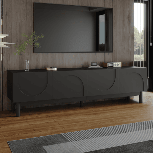 Móvel de TV Lowboard - Portas curvas, prateleiras, pés estabilizadores - Preto