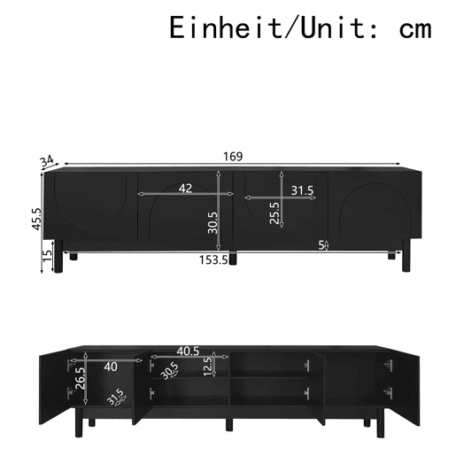 Móvel de TV Lowboard - Portas curvas, prateleiras, pés estabilizadores - Preto