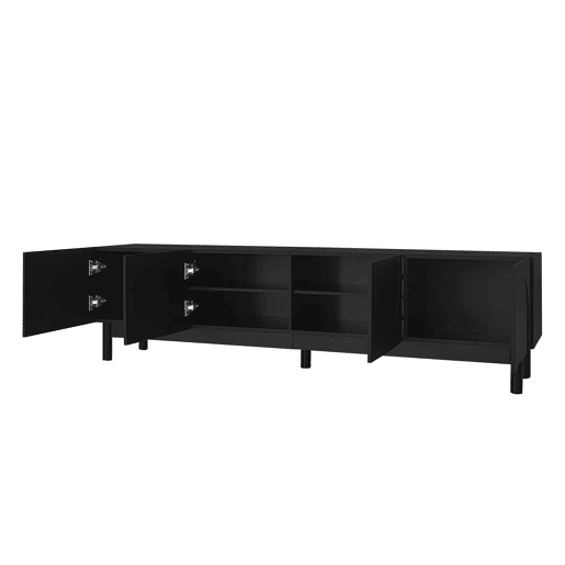 Móvel de TV Lowboard - Portas curvas, prateleiras, pés estabilizadores - Preto