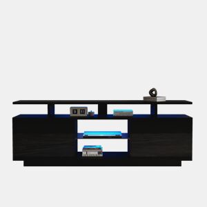 Móvel para TV 140 cm - Iluminação LED 16 cores, painel brilhante, compartimento de vidro - Preto