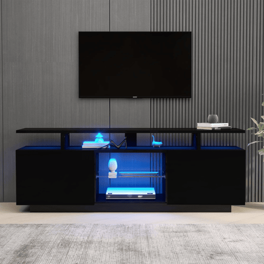 Móvel para TV 140 cm - Iluminação LED 16 cores, painel brilhante, compartimento de vidro - Preto Móvel para TV 140 cm - Iluminação LED 16 cores, painel brilhante, compartimento de vidro - Preto