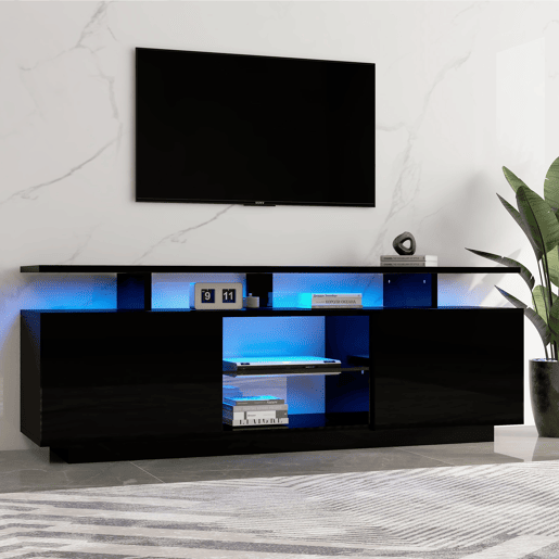 Móvel para TV 140 cm - Iluminação LED 16 cores, painel brilhante, compartimento de vidro - Preto Móvel para TV 140 cm - Iluminação LED 16 cores, painel brilhante, compartimento de vidro - Preto