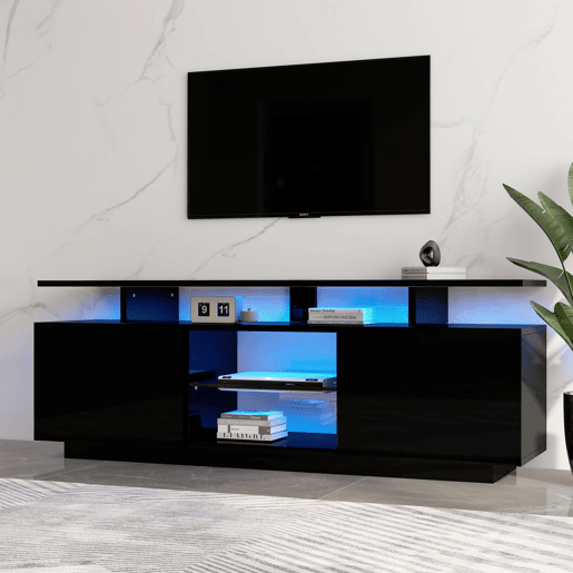 Móvel para TV 140 cm - Iluminação LED 16 cores, painel brilhante, compartimento de vidro - Preto Móvel para TV 140 cm - Iluminação LED 16 cores, painel brilhante, compartimento de vidro - Preto