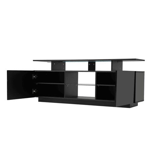 Móvel para TV 140 cm - Iluminação LED 16 cores, painel brilhante, compartimento de vidro - Preto Móvel para TV 140 cm - Iluminação LED 16 cores, painel brilhante, compartimento de vidro - Preto