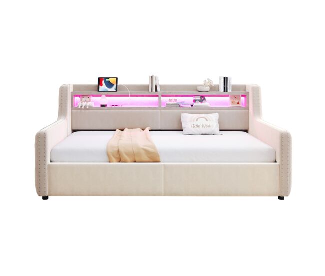 Sofá cama 90x200 cm - con almacenamiento hidráulico, led, enchufe, beige