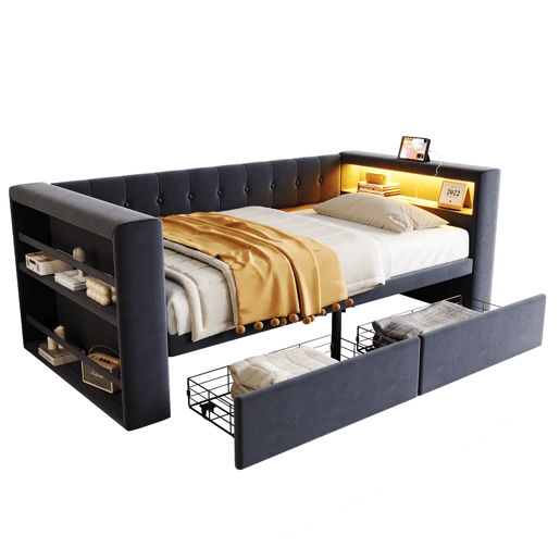 Cama multifuncional 90x190 cm - Com iluminação LED, tomada elétrica, grande espaço de armazenamento - Cinza escuro