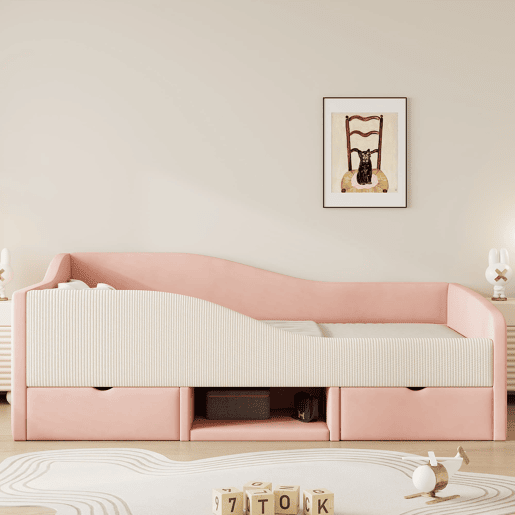 Cama multifuncional 90x190 cm - Com 2 gavetas e barreiras - Tecido de veludo - Rosa + Creme Cama multifuncional 90x190 cm - Com 2 gavetas e barreiras - Tecido de veludo - Rosa + Creme