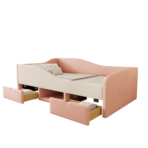Cama multifuncional 90x190 cm - Com 2 gavetas e barreiras - Tecido de veludo - Rosa + Creme Cama multifuncional 90x190 cm - Com 2 gavetas e barreiras - Tecido de veludo - Rosa + Creme
