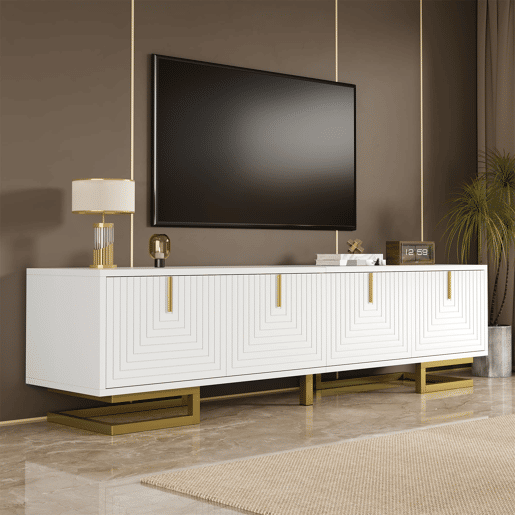 Móvel de TV Lowboard 160 cm - portas estruturadas, puxadores e pés dourados - Branco