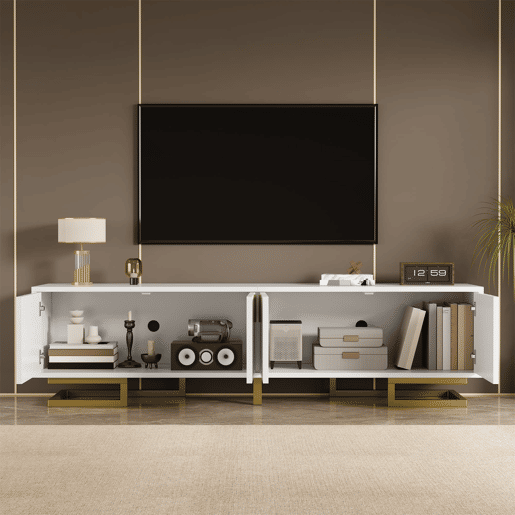 Móvel de TV Lowboard 160 cm - portas estruturadas, puxadores e pés dourados - Branco