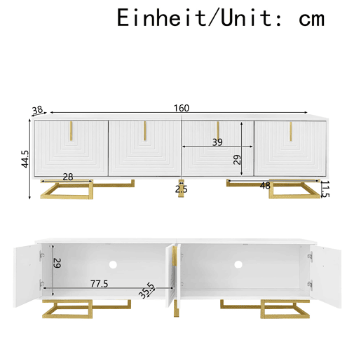 Móvel de TV Lowboard 160 cm - portas estruturadas, puxadores e pés dourados - Branco