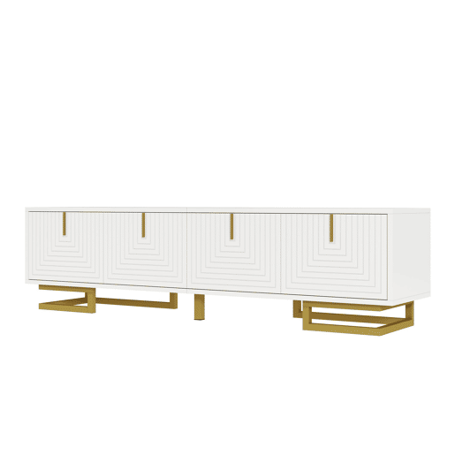 Móvel de TV Lowboard 160 cm - portas estruturadas, puxadores e pés dourados - Branco