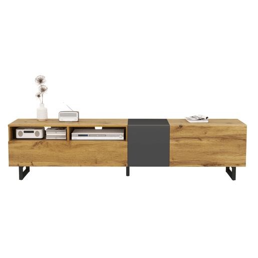 Móvel de TV colorblock - Design contrastante, 3 portas e 2 prateleiras, pés metálicos em U, madeira retro - Cinza escuro antigo, Natural