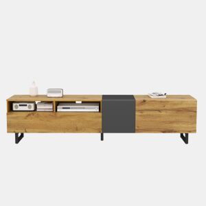 Móvel de TV colorblock - Design contrastante, 3 portas e 2 prateleiras, pés metálicos em U, madeira retro - Cinza escuro antigo, Natural