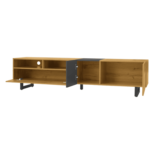 Móvel de TV colorblock - Design contrastante, 3 portas e 2 prateleiras, pés metálicos em U, madeira retro - Cinza escuro antigo, Natural