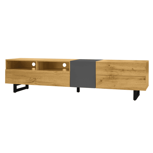 Móvel de TV colorblock - Design contrastante, 3 portas e 2 prateleiras, pés metálicos em U, madeira retro - Cinza escuro antigo, Natural