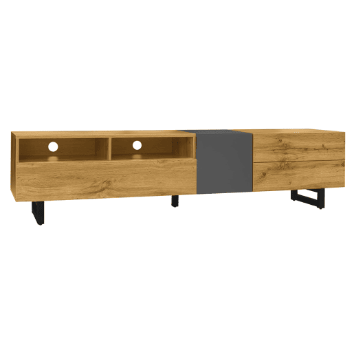 Móvel de TV colorblock - Design contrastante, 3 portas e 2 prateleiras, pés metálicos em U, madeira retro - Cinza escuro antigo, Natural