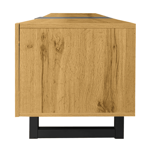 Móvel de TV colorblock - Design contrastante, 3 portas e 2 prateleiras, pés metálicos em U, madeira retro - Cinza escuro antigo, Natural