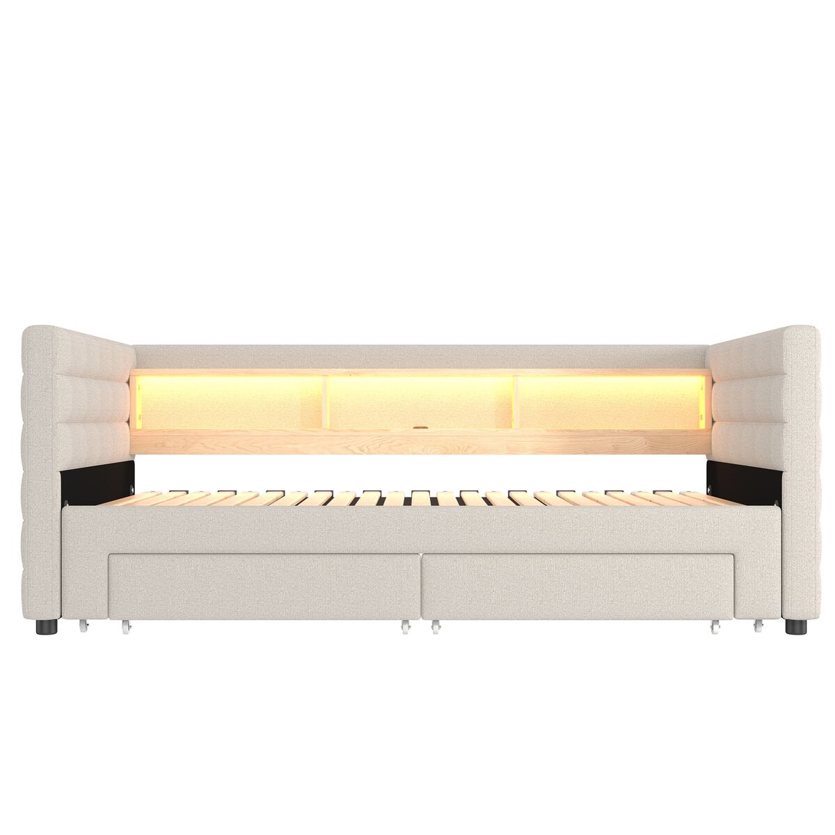 Cama día 90x190 cm - diseño multifuncional, usb, 2 cajones, luces led - beige