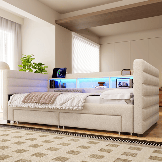 Cama de dia 90x190 cm - Design multifuncional, USB, 2 gavetas, luzes LED - Bege