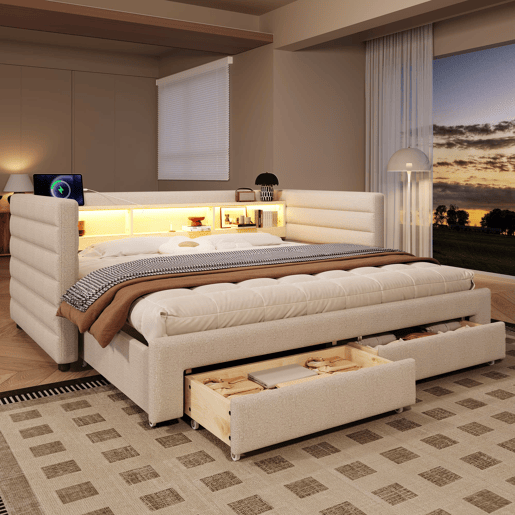 Cama de dia 90x190 cm - Design multifuncional, USB, 2 gavetas, luzes LED - Bege