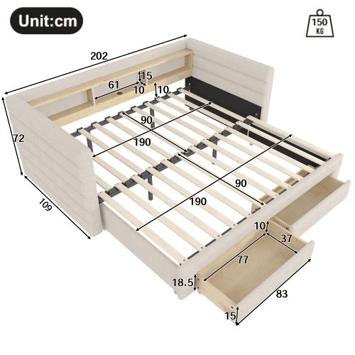 Cama de dia 90x190 cm - Design multifuncional, USB, 2 gavetas, luzes LED - Bege