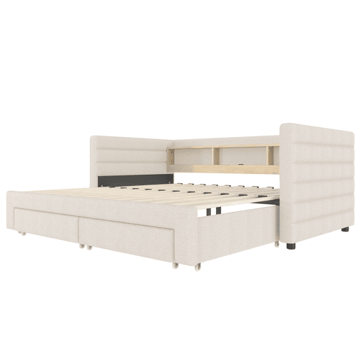 Cama de dia 90x190 cm - Design multifuncional, USB, 2 gavetas, luzes LED - Bege