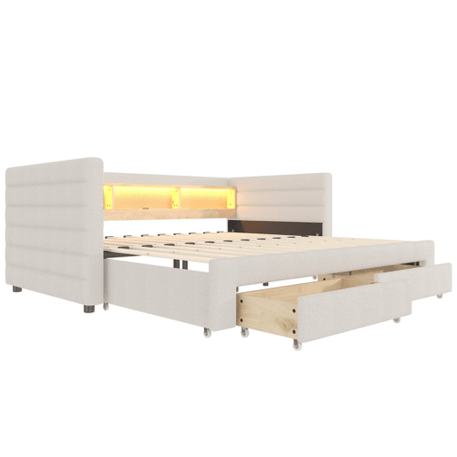 Cama de dia 90x190 cm - Design multifuncional, USB, 2 gavetas, luzes LED - Bege