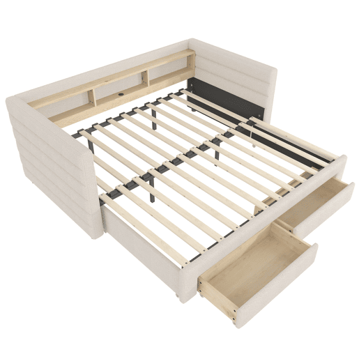 Cama de dia 90x190 cm - Design multifuncional, USB, 2 gavetas, luzes LED - Bege