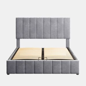 Cama estofada 140x200 - Cama de casal com arrumação hidráulica, cabeceira ajustável, estrado metálico, veludo cinzento
