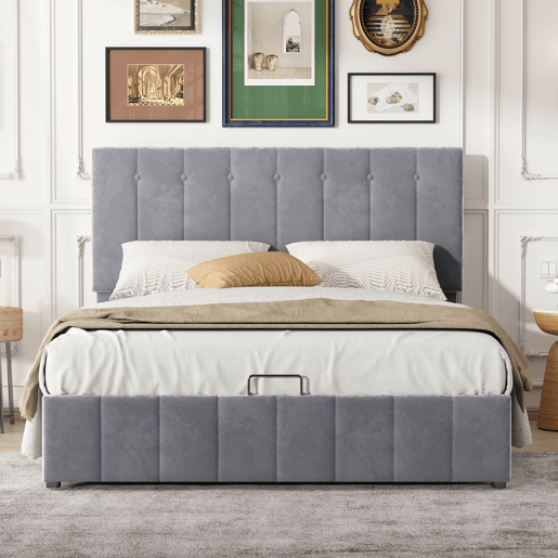 Cama estofada 140x200 - Cama de casal com arrumação hidráulica, cabeceira ajustável, estrado metálico, veludo cinzento