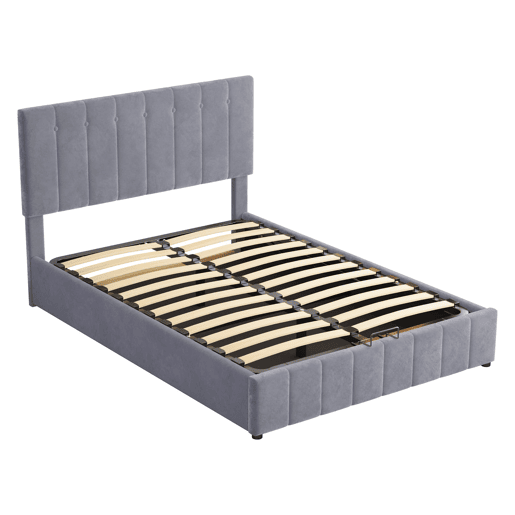 Cama estofada 140x200 - Cama de casal com arrumação hidráulica, cabeceira ajustável, estrado metálico, veludo cinzento