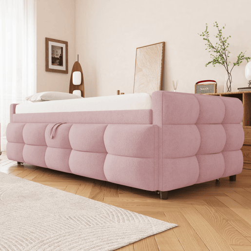 Sofá-cama 90180x190 cm - Puffbett, com estrado de ripas, multifuncional, rosa