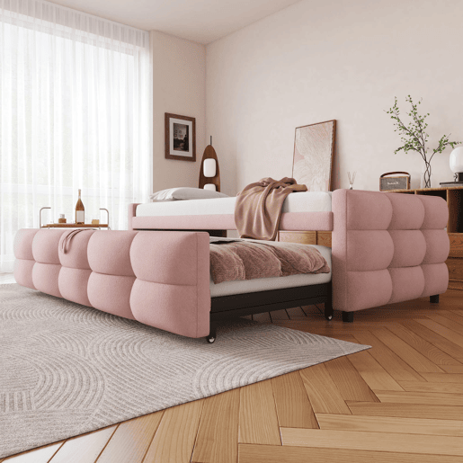 Sofá-cama 90180x190 cm - Puffbett, com estrado de ripas, multifuncional, rosa