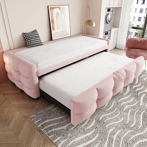 Sofá-cama 90180x190 cm - Puffbett, com estrado de ripas, multifuncional, rosa