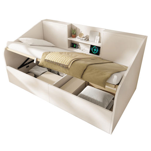 Cama individual 90x190 cm - Hidráulica com 2 prateleiras, grande capacidade de armazenamento, USBType-C - Branco