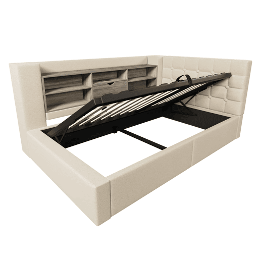 Cama individual 90x200 u2013 LED, arrumação hidráulica, cabeceira em L, com colchão u2013 Bege