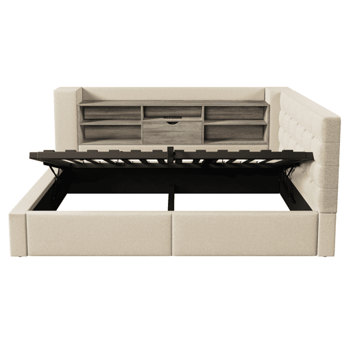 Cama individual 90x200 u2013 LED, arrumação hidráulica, cabeceira em L, com colchão u2013 Bege