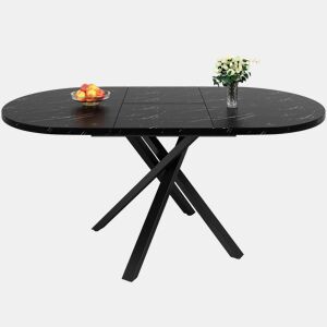 Mesa redonda extensível com efeito mármore - 100 cm (extensível até 140 cm) x 75,5 cm - Estrutura metálica X preta