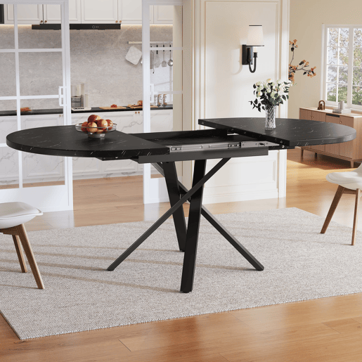Mesa redonda extensível com efeito mármore - 100 cm (extensível até 140 cm) x 75,5 cm - Estrutura metálica X preta Mesa redonda extensível com efeito mármore - 100 cm (extensível até 140 cm) x 75,5 cm - Estrutura metálica X preta