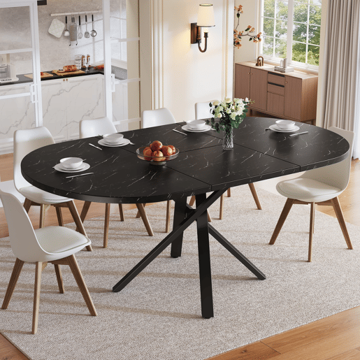 Mesa redonda extensível com efeito mármore - 100 cm (extensível até 140 cm) x 75,5 cm - Estrutura metálica X preta Mesa redonda extensível com efeito mármore - 100 cm (extensível até 140 cm) x 75,5 cm - Estrutura metálica X preta