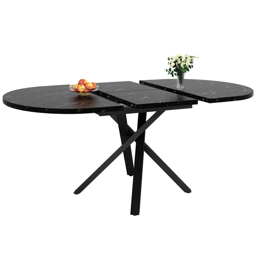 Mesa redonda extensível com efeito mármore - 100 cm (extensível até 140 cm) x 75,5 cm - Estrutura metálica X preta Mesa redonda extensível com efeito mármore - 100 cm (extensível até 140 cm) x 75,5 cm - Estrutura metálica X preta