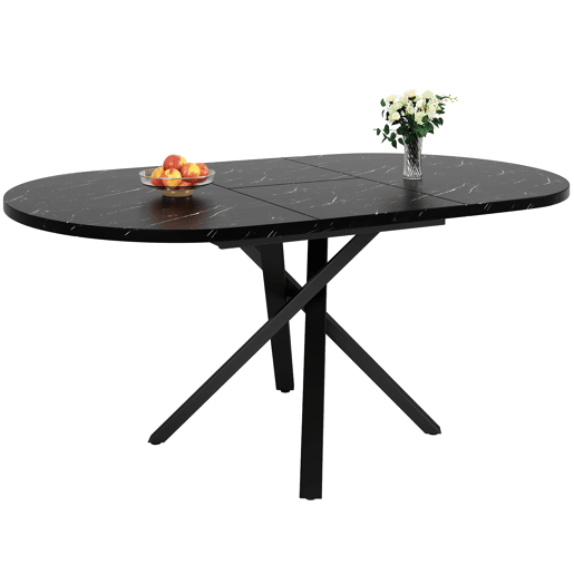 Mesa redonda extensível com efeito mármore - 100 cm (extensível até 140 cm) x 75,5 cm - Estrutura metálica X preta Mesa redonda extensível com efeito mármore - 100 cm (extensível até 140 cm) x 75,5 cm - Estrutura metálica X preta