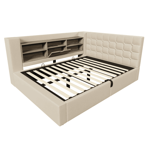 Cama estofada 140x200 - LED, armazenamento hidráulico, cabeceira L, colchão incluído - Bege