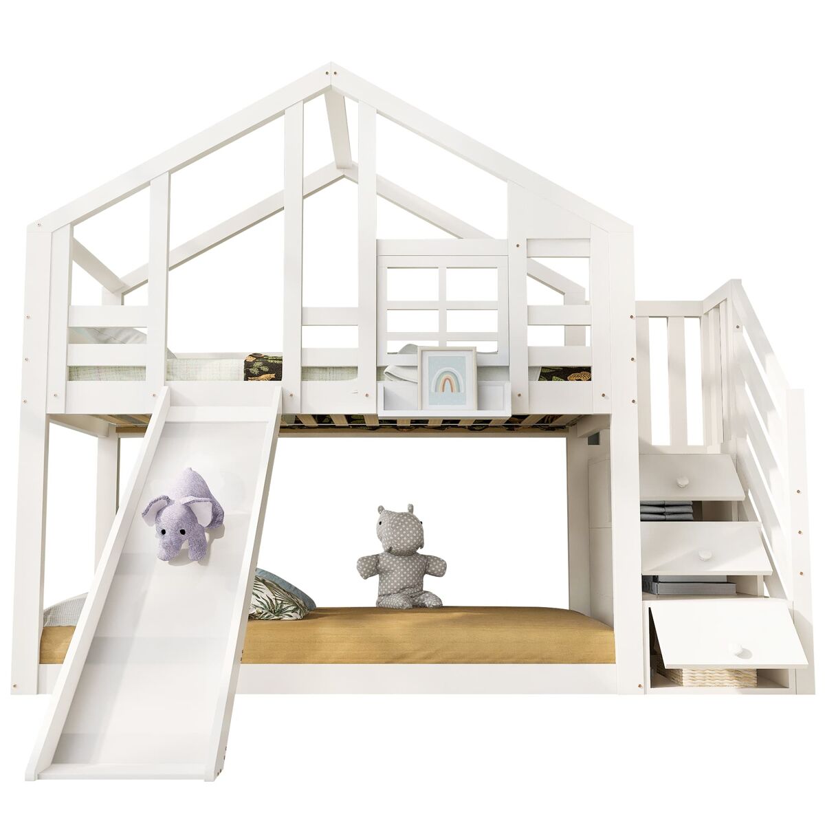 Cama infantil 90x200 cm - tipo casita con tobogán y barandilla de seguridad - blanco